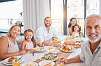 Family, selfie and smile with food and together for lunch or dinner meal, generations and happiness at family home. Grandparents, parents and girl children bonding, nutrition and happy in portrait.