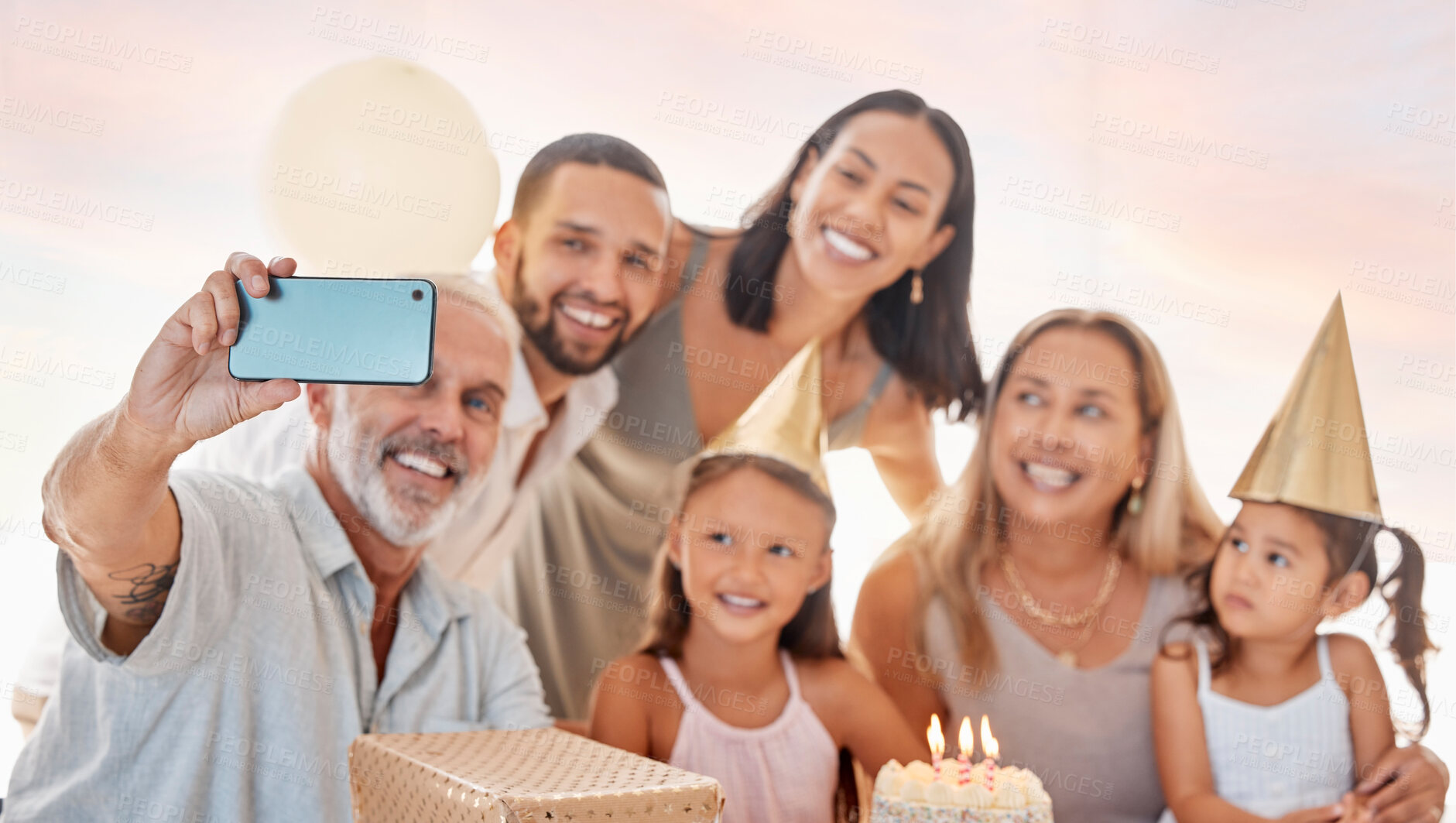 Buy stock photo Party, family and birthday phone selfie with grandparents, parents and young children celebrating. Interracial, happy and celebration with birthday cake photograph of grandpa, grandma and kids.