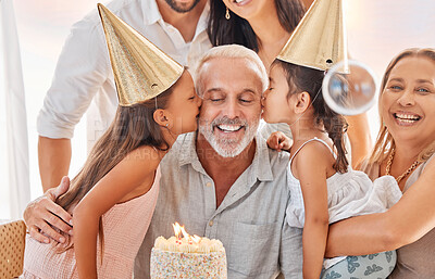 Buy stock photo Family, birthday and girls kiss grandfather at home in celebration. Big family, cake and kids kissing grandpa with grandma, mother and father celebrating, having fun and enjoying party time together.