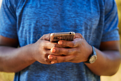 Buy stock photo Fitness, nature and smartphone hands of black man search, typing or 5g network location, training results or social media update. Sports, athlete or runner using phone on website, map or outdoor chat