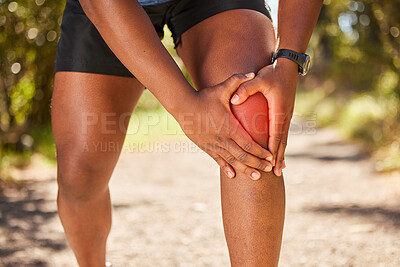 Buy stock photo Exercise, pain and sports injury and knee pain while outdoor for running, training and workout with arthritis, orthopedic problem or fibromyalgia. Hands of athlete man after leg accident during run