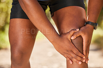 Buy stock photo Knee pain, sports fitness and black man at park after running accident outdoors. Wellness, healthcare and male runner with muscle pain, leg injury or joint inflammation after training or workout.
