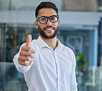 Thumbs up, success and portrait of programmer man in office happy with agreement, feedback or review. Nerd, happiness and it expert in workplace with yes, thank you or winner gesture with smile.