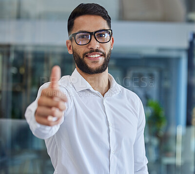 Buy stock photo Thumbs up, success and portrait of programmer man in office happy with agreement, feedback or review. Nerd, happiness and it expert in workplace with yes, thank you or winner gesture with smile.