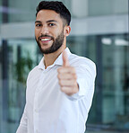 Thumbs up, success and businessman with a thank you, smile and marketing of a corporate company. Winner, agreement and portrait of an employee with hand sign for an advertising startup agency