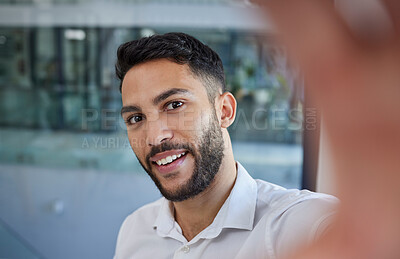 Buy stock photo Business man, selfie and smile for socila media profile picture with happiness and pride in career choice while at office. Face of professional male entrepreneur with vision and mission for success