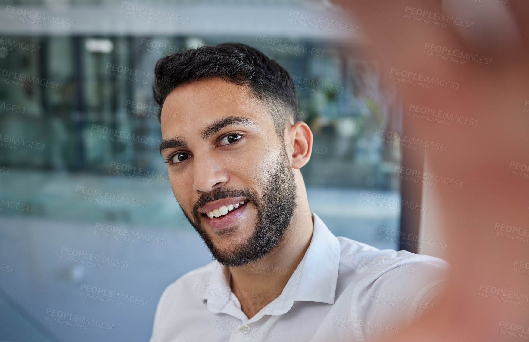 Buy stock photo Business man, selfie and smile for socila media profile picture with happiness and pride in career choice while at office. Face of professional male entrepreneur with vision and mission for success