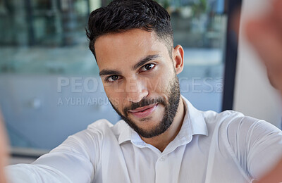 Buy stock photo Businessman, selfie and social media, photo and smile in corporate office, happy and internet post at work. Entrepreneur, face and online picture with app in workplace for status update in company