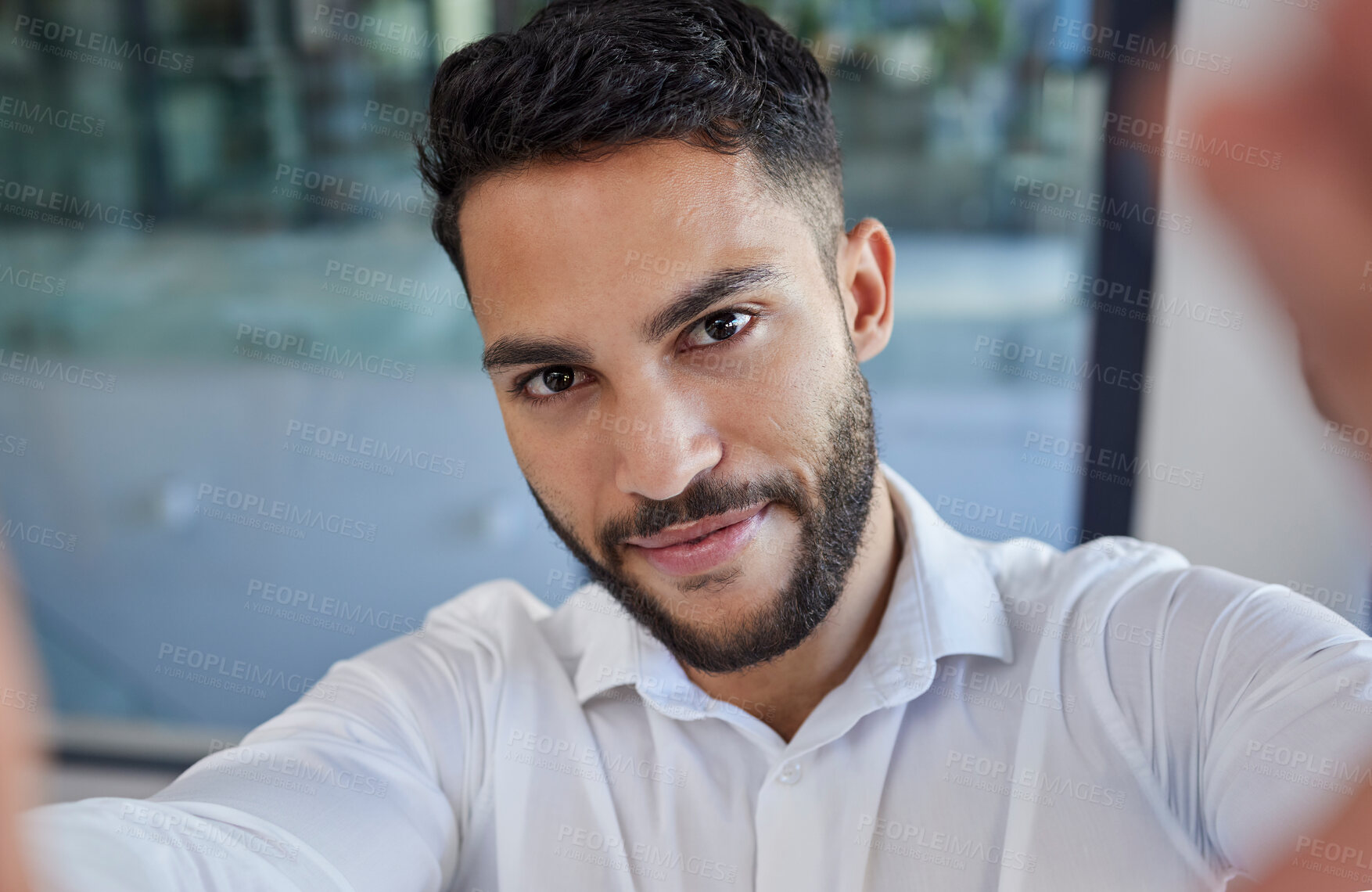 Buy stock photo Businessman, selfie and social media, photo and smile in corporate office, happy and internet post at work. Entrepreneur, face and online picture with app in workplace for status update in company