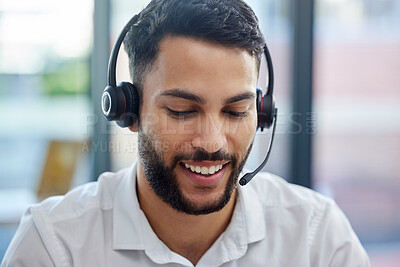 Buy stock photo Call center, man and face with telemarketing staff in contact us agency for consultant advice in customer service call. Crm, operator and male customer support communication while consulting for sale