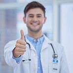 Portrait, doctor and thumbs up in hospital for success, welcome and thank you. Trust, support or medical worker with hand sign or gesture for approval, agreement or yes for healthcare in clinic alone