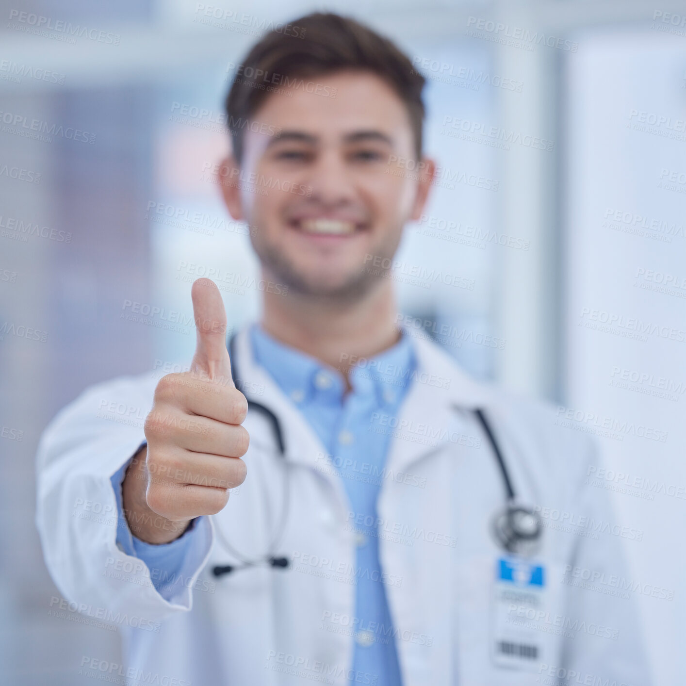 Buy stock photo Portrait, doctor and thumbs up in hospital for success, welcome and thank you. Trust, support or medical worker with hand sign or gesture for approval, agreement or yes for healthcare in clinic alone