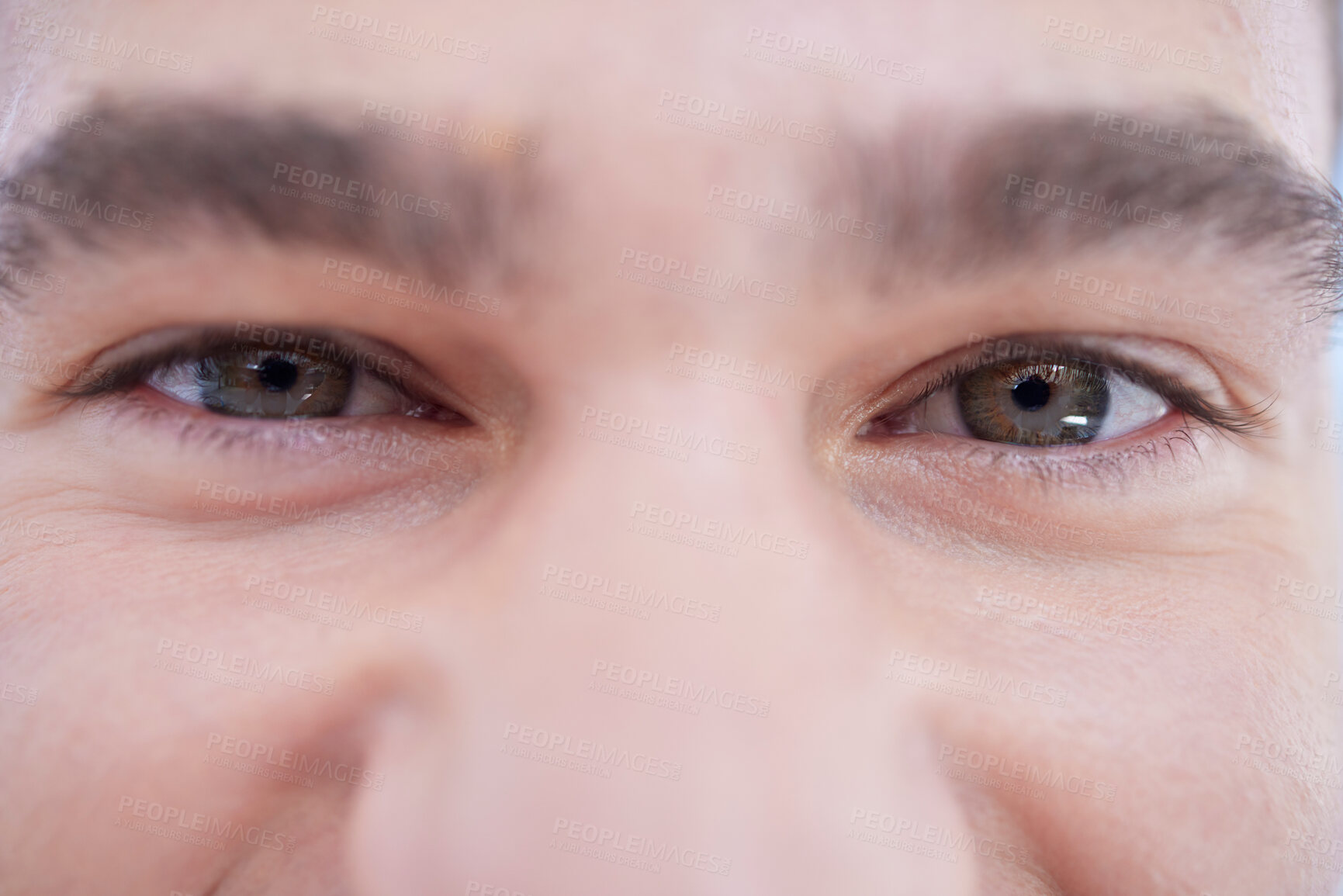 Buy stock photo Eyes, zoom and face portrait of man , vision and sight for peace, calm or positive mindset. Eye exam, eyesight or eyeball for wellness optometry of person or male eyebrows, sight and looking closeup