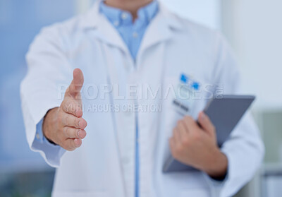 Buy stock photo Doctor, handshake and agree for interview with tablet for hr, hiring and meeting in a medical hospital. Healthcare, medicine and physician with hand shake for successful deal for onboarding