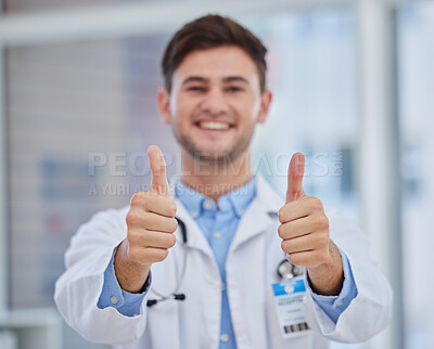 Buy stock photo Healthcare, thumbs up and portrait of doctor in hospital with hand sign for good news, agreement and success. Medical care, thank you and health worker standing in clinic for trust, support and care