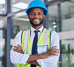 Portrait, construction and engineer man or construction worker with arms crossed in industrial startup office. Architecture, builder and industry with a male business owner in architect company