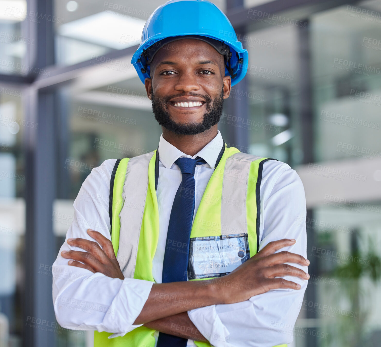 Buy stock photo Portrait, construction and engineer man or construction worker with arms crossed in industrial startup office. Architecture, builder and industry with a male business owner in architect company