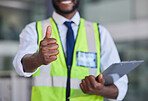 Logistics, thumbs up and clipboard for engineering, construction or architecture with black man doing inspection and quality control. Hand of engineer male showing thank you, safety and success sign
