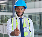 Portrait, black man and engineer thumbs up for success, approval or support for construction or building project. Thank you, yes or happy architect, construction worker or contractor in safety helmet
