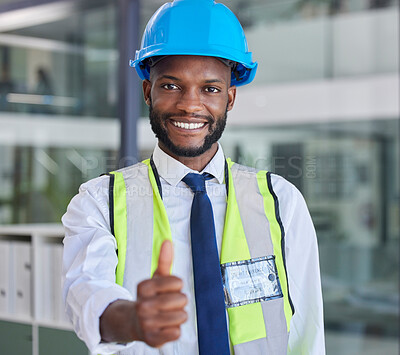 Buy stock photo Portrait, black man and engineer thumbs up for success, approval or support for construction or building project. Thank you, yes or happy architect, construction worker or contractor in safety helmet