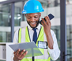 Construction worker, clipboard and phone with a man on a wifi call in a engineering office. Architecture, contractor and african American man reading list while on a phone call for industry  