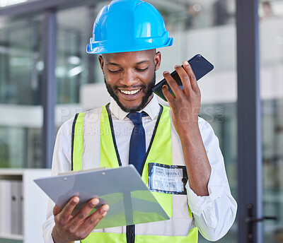 Buy stock photo Construction worker, clipboard and phone with a man on a wifi call in a engineering office. Architecture, contractor and african American man reading list while on a phone call for industry  