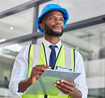Engineering, architecture and construction worker with a checklist for infrastructure inspection or maintenance. Safety, development and African manager with a clipboard working on a office building