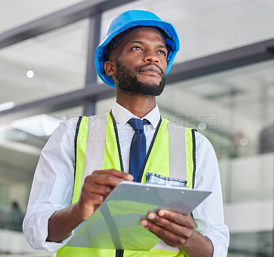 Buy stock photo Engineering, architecture and worker thinking with a checklist for infrastructure inspection or maintenance. Safety, construction and black man working on a office building project with clipboard