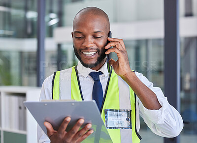 Buy stock photo Black man with clipboard, phone call for communication during inspection, safety check and compliance. Logistics or construction with smartphone, tech and checklist for business quality assurance.