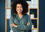 Business, black woman and portrait, arms crossed and pride, confidence and motivation for career growth, success and vision for goals. African female, leadership and entrepreneur with crossed arms 