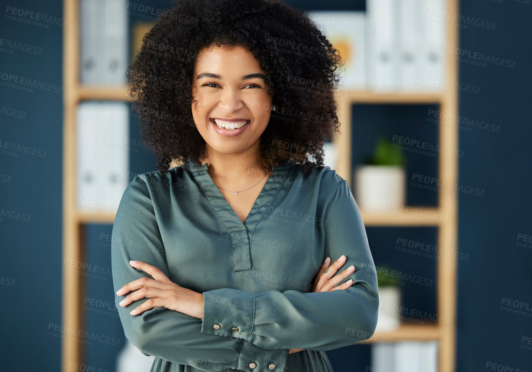 Buy stock photo Business, black woman and portrait, arms crossed and pride, confidence and motivation for career growth, success and vision for goals. African female, leadership and entrepreneur with crossed arms 