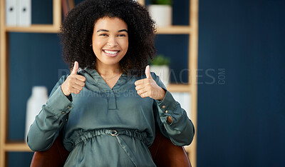 Buy stock photo Business success, black woman and thumbs up from CEO, boss or leader for achievement, support and goal while in office with a smile, happiness and pride. Portrait of entrepreneur happy about growth