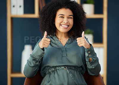Buy stock photo Business woman, afro or success thumbs up in office target, creative company or marketing startup with goals achievement. Portrait, smile or happy African designer and winner or support hands gesture