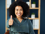 Success, thumbs up and portrait of black woman in office with smile on face, happiness and hand sign. Leadership, good news and happy female worker excited for startup, small business and working