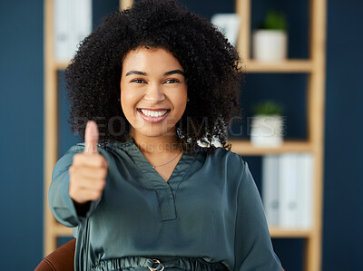 Buy stock photo Success, thumbs up and portrait of black woman in office with smile on face, happiness and hand sign. Leadership, good news and happy female worker excited for startup, small business and working