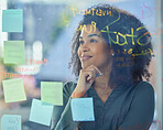 Black woman, business and brainstorming, board and postit notes with ideas for project, planning and strategy for marketing or investment firm. Thinking, professional and vision, innovation and plan