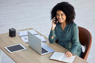 Buy stock photo Phone call, notebook and laptop with business woman for planning, schedule and consulting. Agenda, networking and communication with black woman writing in for calendar, reception and administration 