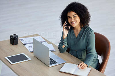 Buy stock photo Business, woman and phone call for wifi communication in the office while planning schedule. Cellphone, call and leading businesswoman networking for negotiation about entrepreneurship deal