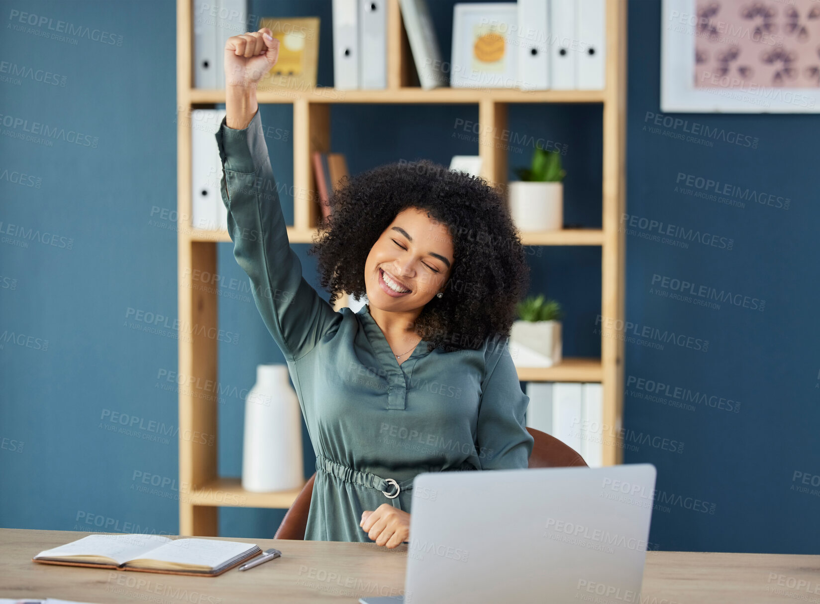 Buy stock photo Business woman, laptop and success fist in winner celebration, digital marketing goals or advertising growth target achievement. Smile, happy or creative black woman with arm raised with technology