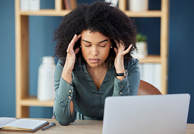Buy stock photo Headache, stress and  business woman with laptop for compliance, accountability and burnout. Mental health, anxiety and sad with tired black woman at desk for management, tax or audit problem 