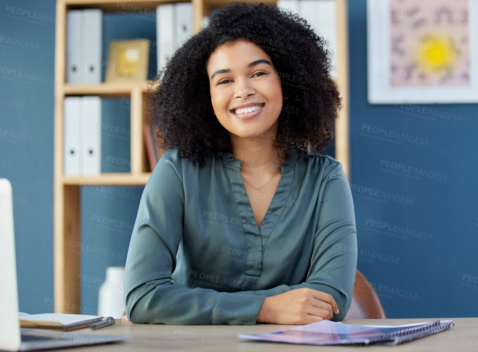 Buy stock photo Black woman afro, portrait smile and management with vision, ambition or career success for design at the office. Confident African American female designer smiling for successful marketing business