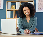 Black woman, startup business and portrait of leader, manager or boss at her desk with a laptop at marketing agency or office. Portrait of female entrepreneur happy about career choice and success