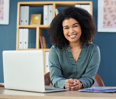 Buy stock photo Black woman, startup business and portrait of leader, manager or boss at her desk with a laptop at marketing agency or office. Portrait of female entrepreneur happy about career choice and success