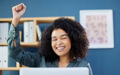 Buy stock photo Celebration, success and black woman giving support to online trading, fintech and happy about promotion on a laptop. Goal, motivation and worker with smile for pc email, achievement and bonus