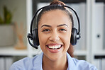 Call center, woman face and customer service, consulting and helping for solution, telemarketing or communication agency. Portrait of happy sales employee, receptionist and consultant with microphone