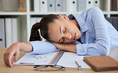 Buy stock photo Business woman, burnout and tired while sleeping on desk, fatigue and fail with mistake, mental health at office. Depression, entrepreneur and sleep with overworked, problem and young woman dreaming