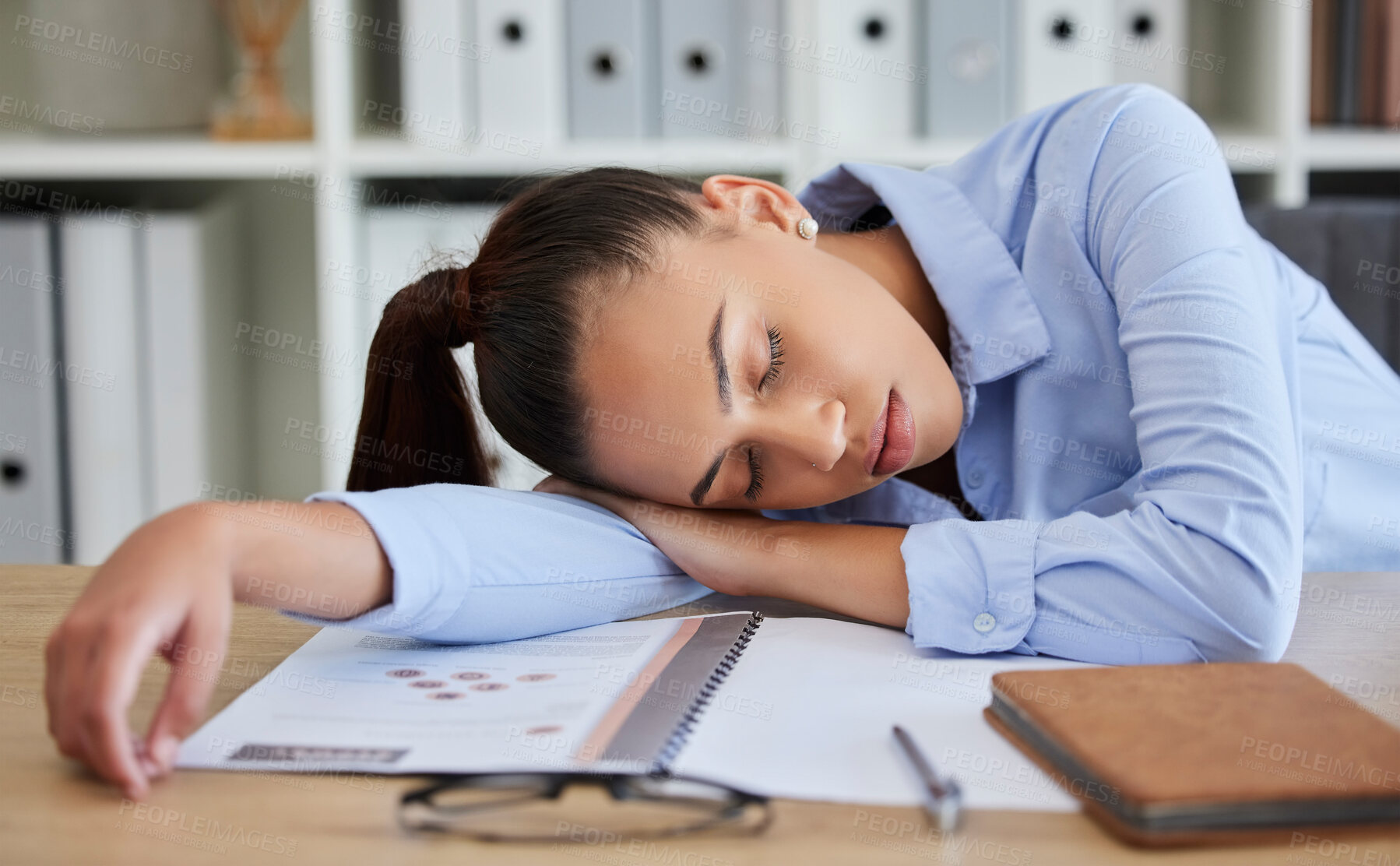 Buy stock photo Business woman, burnout and tired while sleeping on desk, fatigue and fail with mistake, mental health at office. Depression, entrepreneur and sleep with overworked, problem and young woman dreaming