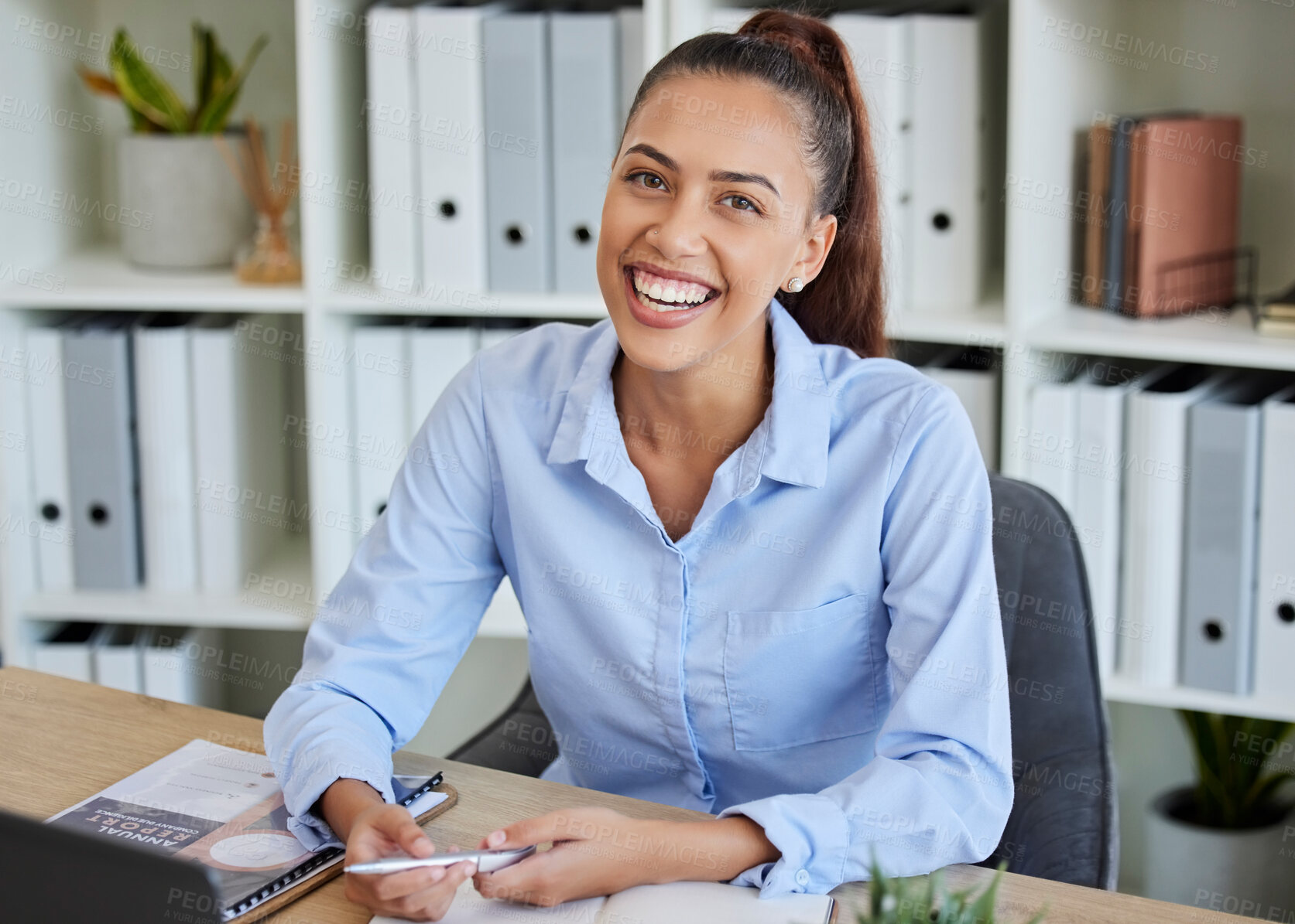 Buy stock photo Happy, smile and portrait of business woman in office working on corporate notes for project. Success, professional and company manager planning management report, document or paperwork in workplace.