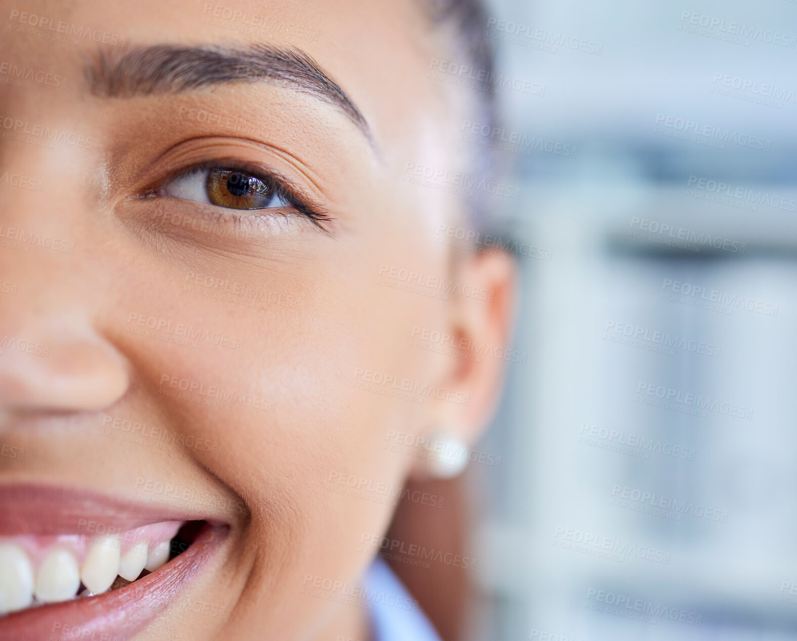 Buy stock photo Black woman, business and face portrait closeup of a lawyer worker happy and ready to work. Corporate legal advisor with happiness and proud of company attorney and professional law career 