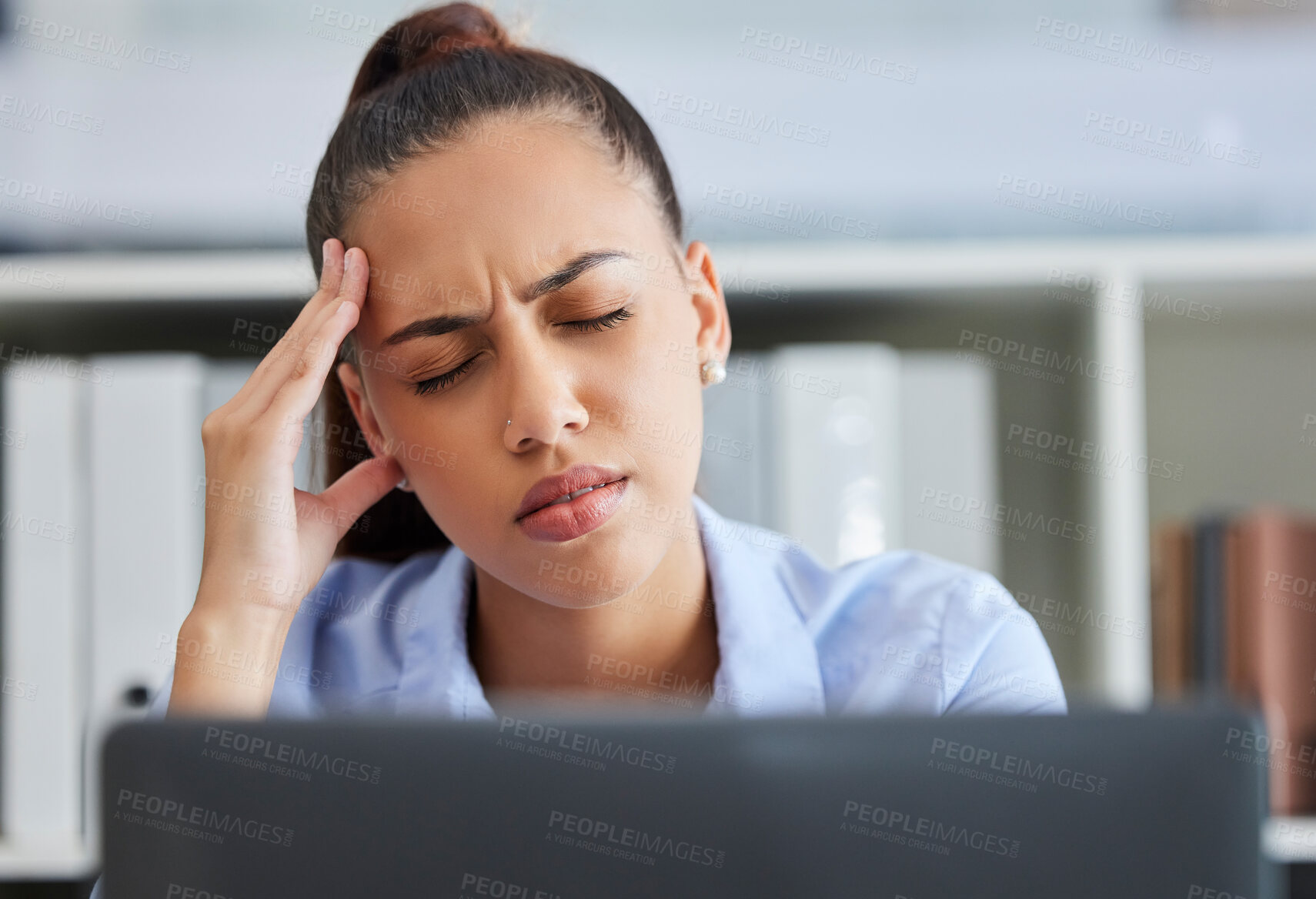 Buy stock photo Headache, stress and burnout of business woman at computer with pain, stress and depression while tired and frustrated with work. Female entrepreneur at desk with anxiety and mental health problem